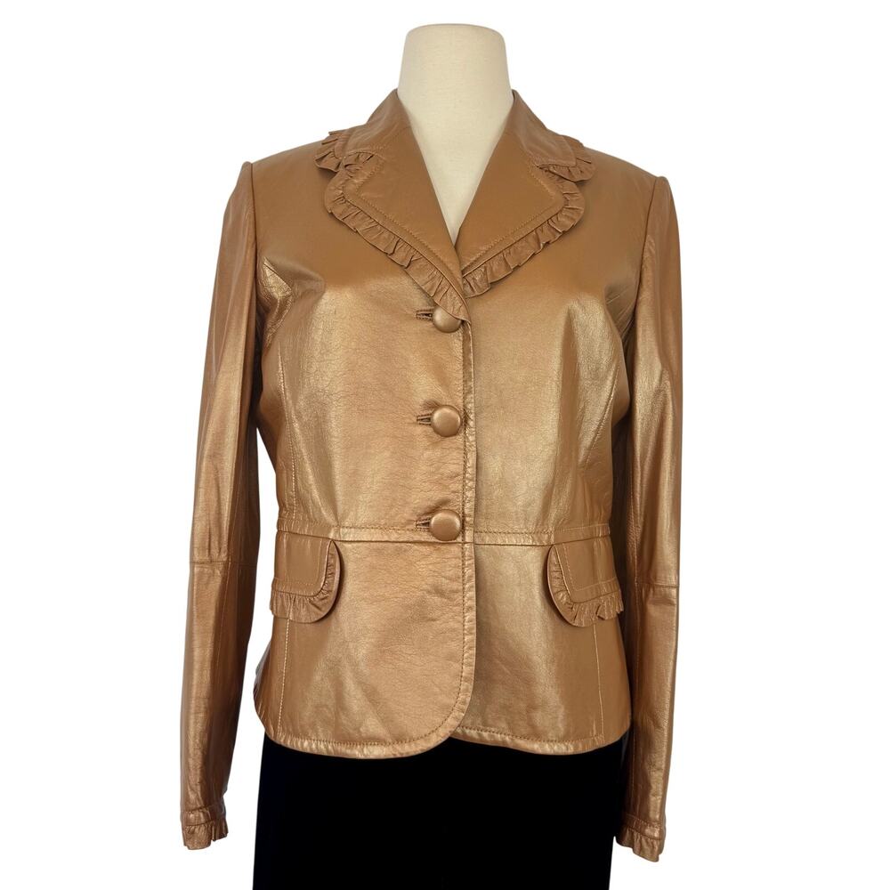 St. John Lamb Leather Jacket with Ruffle Trim in Shimmer Bronze Brown Size 8